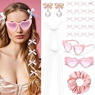 25 Pcs Pink Coquette Accessories Set Pearl Bow Earrings Pink Bows Lace Coquette Bows for Hair Heart Sunglasses Pink Scrunchie for Girls Women Coquette Accessories Trendy Gifts image
