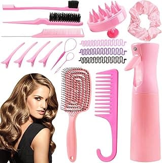 17 Pcs Hair Brush and Comb Set for Women, Hair Styling Set for Detangling Wet Dry Curly Hair, Edge Bristles, Wide Tooth Rat Tail, Spray Bottles, Topsy Hair Tail, Hair Braiding Kit for Girls (Pink) image