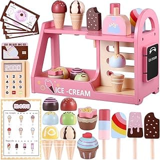 GAGAKU Wooden Ice Cream Play Set for Kids Pretend Play Food Wooden Ice Cream Set Shop Play Kitchen Accessories with Menu and Cash Role Play Toys Gifts for Toddler 3 4 5 6 7 8 Years Old Girls and Boys image