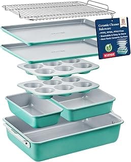 Bakken 8-Piece Stackable Bakeware Set - Ceramic Non-Stick Coating, Baking Sheets, Assorted Baking Pans, PTFE, PFOA & PFOS Free - Healthy Baking, Ergonomic Handles, Cooling Rack, Non-Toxic, Oven-Safe image