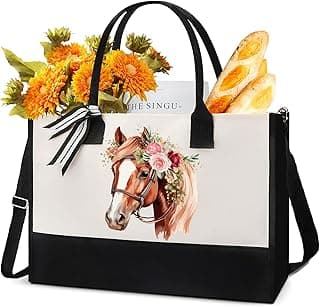 Horse Canvas Tote Bag - Horses Lover Gifts Bags Flower Horses Watercolor Large Personalized Crossbody Totes With Zipper Reusable Handbag Present Holiday Birthday Gift for Her Women Mom image