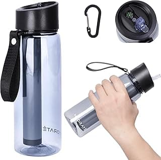 22oz Water Bottle with Filter, Compass & Hook - Advanced Self Filter for Clean & Purified Drinking Water - Portable & Leakproof Water Filtering Tumbler for Hiking, Backpacking, Black, 9"Hx3"Lx3"W