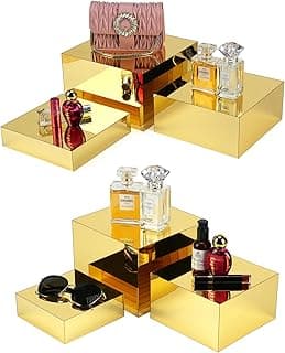Display Nesting Riser Stands ,Mirror Gold acrylic Stereoscopic Display Stand,6 Sizes, Hollow Bottom, Food Display Lifter,Acrylic Box Rack Dessert Collection Jewelry Character Party Rack image