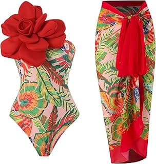 Women One-Piece Swimsuit with Cover up Wrap Skirt Sarong Bathing Suit Beach Outfit Summer image