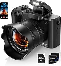 8K Digital Camera for Photography, 88MP Autofocus WiFi Vlogging Camera for YouTube Video with Front and Rear Lens, Flash, Touch Screen, Lens Hood, 64GB Card, 2 Batteries(Black)