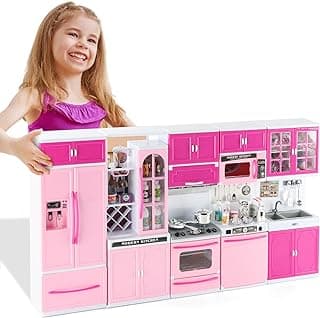 64 PCS Pink Kitchen Toys with Lights Sounds|Mini Kitchen House Furniture Sets for Kids Ages 4-8|Doll Playset Toys for Toddlers 3-5|Birthday Gifts for 3 4 5 6 7 8 Old Girls
