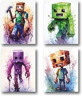 Mining Fun Wall Art Pixel Mine Posters for Boys Room – Miner Gamer Themed Wall Decor – Unframed Set of 4 Prints, 8x10 Inch, Unique Watercolor Painted Gaming Wall Art Room Decor for Boys image