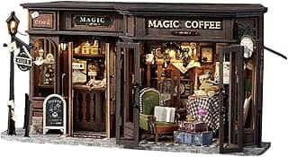 DIY Miniature House Kit, Wooden Garden Mini House with Furniture & LED Light, Creative Dollhouse Kit, Model Building Kit for Adults, Kids (Magic Coffee)