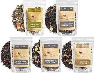 Plum Deluxe Loose Leaf Tea Sampler – 5 Whole Leaf Blends with Caffeine: Crème Brulee Earl Grey, Peach Oolong, Green Citrus Mint, Pecan & Floral Black, Hot or Iced (75–100 Cups) Small Batched in USA