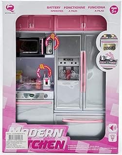 RBN Doll Size Pink Kitchen Cooking Toy Play Set Play House & Accessories with Doll Girls Pretend Play Furniture Appliances with Lights & Sound
