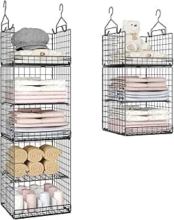 5 Tier Closet Hanging Organizer and Storage Separable Hanging Closet Shelves with 4 Hanging Hooks 2 Adjustable Dividers, Wire Storage Basket Bins for Clothing Sweaters Socks Dolls Handbags, Foldable image