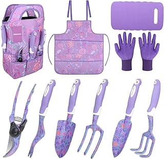 Purple Garden Tool Sets 10-Piece, Heavy Duty Gardening Hand Tools with Non-Slip Ergonomic Handle, Flower Print Garden Tool Bag, Gardening Gifts for Women, Plant Lover Gifts for Mom Grandma