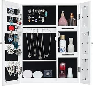 Kcelarec Wall Mounted Jewelry Organizer with Photo frame, Full Length Mirror Jewelry Cabinet, Jewelry Armoire with Mirror, Mirror with Jewelry Storage (17.32 x 4.06 x 23.62) image