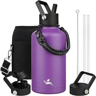 Half Gallon Insulated Water Bottle with Straw,64 oz 3 Lids Water Jug with Carrying Bag,Paracord Handle,Double Wall Vacuum Stainless Steel Metal Flask,Purple image