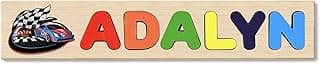 Wooden Name Puzzle Personalized Engraved Text Greetings on Back Puzzle Real Custom Print Racing Cars with Flag Theme image