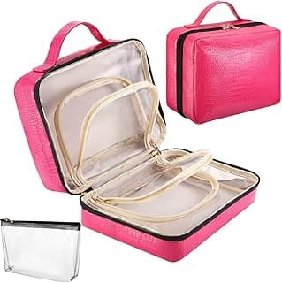 Cosmetic Bag Travel Makeup Bag - Leather Makeup Bag Organizer with Clear Makeup Pouch, Open Flat Design with Large Capacity, Travel Makeup Case for Women Girls, Hot Pink image