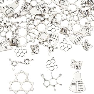 SUNNYCLUE 1 Box 60Pcs 6 Style Science Charms Chemistry Caffeine Molecule Charm School Teacher Tibetan Style Alloy Pendants for Jewelry Making Bracelet Earrings Graduation Cap Decor