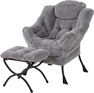 Welnow Lazy Chair with Ottoman, Modern Lounge Accent Chair with Armrests and a Side Pocket, Leisure Sofa Chair Set, Reading Chair with Footrest for Small Space, Corner Chair, Plush Grey image