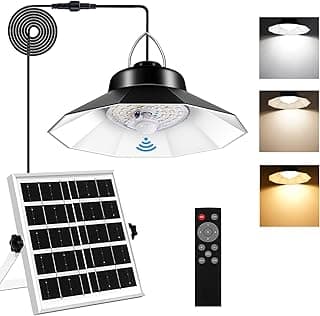 Aqonsie Solar Shed Light Indoor Outdoor Solar Pendant Daytime Work Lights with 3 Colors Temperature & 5 Lighting Modes+2 Timers, 1200LM Solar Motion Indoor Lights with Remote for Shed Gazebo Barn image