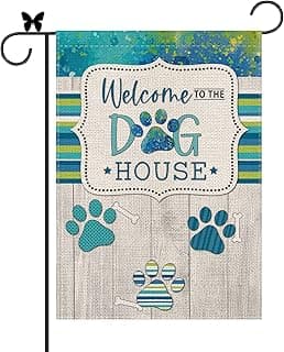Dog Garden Flag Welcome to Dog House Cute Striped Vertical Burlap Double Sided Outdoor Decor Yard Lawn Home Decoration 12.5 x 18 Inch image