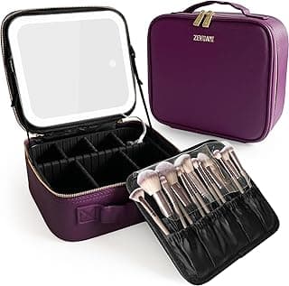 ZEVGANI Travel Makeup Bag with LED Mirror, Rechargeable Lighted Makeup Case with Adjustable Brightness & Dividers, Portable Makeup Box Organizer Vanity Case for Toiletries & Brushes, Plum Purple