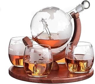 Etched World Decanter whiskey Globe - The Wine Savant Whiskey Gift Set Globe Decanter with Antique Airplane, Whiskey Stones and 4 World Map Glasses, Pilot Gift - Alcohol Related Gift, HOME BAR DÉCOR image