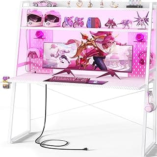 Gaming Desk with Hutch and LED Lights, Gaming Computer Desk with Power Outlets, Gamer Desk with Storage Shelves, PC Gaming Desk with Pegboards for Bedroom, Carbon Fiber White, 49" image