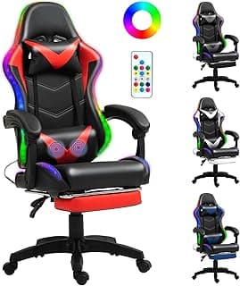 RGB LED Lights Gaming Chair with Footrest for Adults and Kids, Lumbar Support Massager Video Game Chair, High Back Reclining Gamer Chair with Headrest, 360° Swivel Computer Chair (Red)