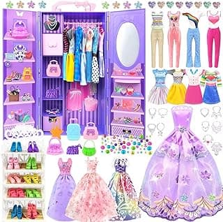 75 Pack Doll Clothes and Accessories with Doll Closet for 11.5 Inch Doll Fashion Design Kit Girl Doll Dress Up Including Wedding Dress Fashion Dress Outfits Tops and Pants Shoes Hangers Bags Necklaces
