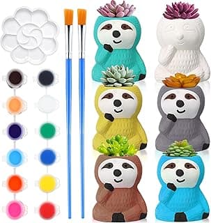 Pasimy 6 Set DIY Ceramic Succulent Planter Pots Paint Your Own Flower Pots Craft Kit Unpainted Bisque Paintable Flowerpot with Brush Palette Ready to Paint for Family Activity Gift(Sloth)