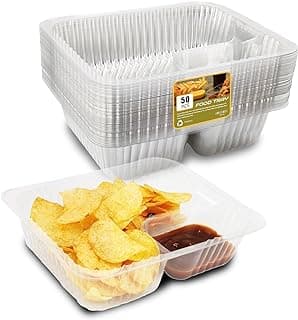 50 PC Nacho Trays Disposable, 12oz Plastic Nacho Containers with Chip and Dip Holder, 6x5 In 2 Compartments Clear Snack Trays for Kids,Parties, Movie Night Supplies (Plastic-50pc) image