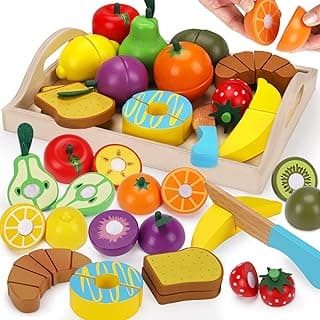 Wooden Pretend Play Food Sets Cutting Toys for Kids Kitchen Accessories Playset Montessori Toys with Toy Knife Velcro Fruit Board Learning Educational Fine Motor Skills Toddler Toys Birthday Gift image