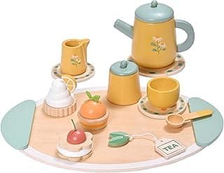 15pcs Wooden Tea Set for Little Girls, Toddler Tea Set Pretend Play Kitchen Accessories, Yellow Tea Party Set Kids Wooden Toys Playset Gift Play Food Toy with Cakes and Biscuits image