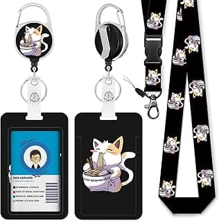 ID Badge Holder with Lanyard, Retractable Badge Reel Carabiner Clip and Detachable Lanyard Vertical ID/Card Holder, Office Gift for Women, Nurses, Doctors and Teachers - Anime Kawaii Ramen Cat image