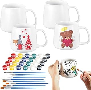 4 Sets Paintable Mugs Painted Mug Kits Ceramic Mug to Paint 4 Pcs Blank Coffee Mugs and 4 Pcs Painting Supplies Paint Your Own Mug DIY Coffee Mugs Mug Painting Kit Art and Crafts for Adults image