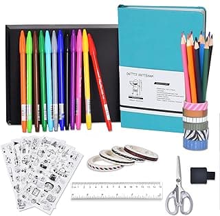Bullet Dotted Journal Kit 44pcs Set Water Blue Hardcover Notebook,A5,120g Paper,Fine line Marker,Colored Pencils,Washi Tapes, Sticker 6 Sheets,Scissor, Ruler, Pen Holder,Inner Pocket image