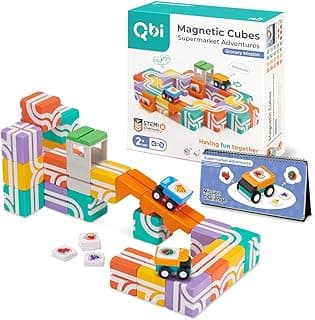 QBI Toy Construction STEM Toys for Toddlers Aged 2+ Year Old Boys & Girls | Colorful Magnetic Building Blocks with 2 Pull-Back Cargo Trucks | Preschool Toys, Montessori Game (32 Pieces) image