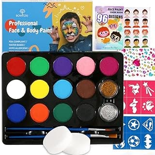 Bowitzki Face Paint Kit with 13 Colors, 12 Stencils, 2 Glitters, 2 Sponges, 2 Brushes, 1 Sheet Gems, Water Based Face Painting Kit for Kids, Safe Professional Halloween Party Makeup Set image