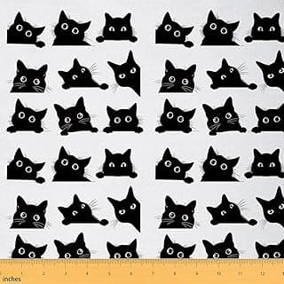 Feelyou Black Cat Outdoor Fabric by The Yard, Cute Kitten Cat Lover Upholstery Fabric for Chairs, Lovely Black Cats Pet Animal Decorative Fabric for Home DIY Projects, 5 Yards, Black White image