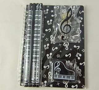 Music Themed Stationery Notebook Set - A5 Black Musical Notes Spiral Bound Notebook, Piano Eraser, Treble Clef Clip and 4 Musical Notes Pencils image