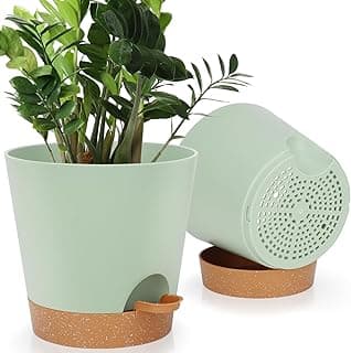 8-Inch Plant Pots, Self-Watering Planters with Drainage Holes & Saucers for Indoor and Outdoor Plants (2-Pack, Green) image