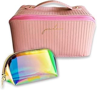 Women Travel Cosmetic Bag Set, Pink Case open flat toiletry bag with Rainbow Holographic Pouch, Portable cosmetic bag, large travel makeup case organizer image