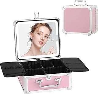 Makeup Box with LED Mirror & Aluminum Frame, Compact Multi-Layer Cosmetic Organizer - Portable ABS Travel Train Case for Makeup Storage(Gift for Girlfriend/Daughter) (Pink1)