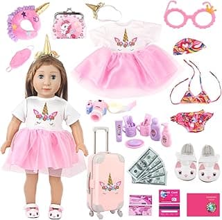 Doll Travel Suitecase Set for 18-Inch Girl Dolls, Includes Pink Doll Luggage, Unicorn Themed Doll Dress, Bikini Swimsuit, Toiletry Kits and Coin Purses, 32 Pcs Birthday Gift for Girls image
