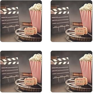 Ambesonne Movie Theater Coaster Set of 4, Old Fashion Entertainment Objects Related to Cinema Film Reel Motion Picture, Square Hardboard Gloss Coasters, Standard Size, Yellow White image