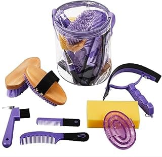 9 Pieces Horse Grooming Kit Tack Room Supplies Set with Organizer Tote Bag, Oval Massage Curry, Hard and Soft Brush, Hoof Pick, Sweat Scraper, Bathing Sponge, Combs for Horse Riders Beginners (Purple) image