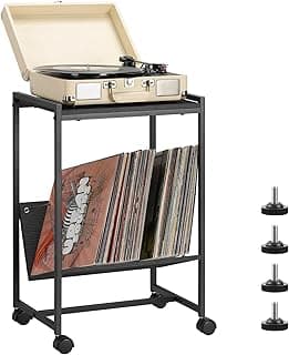Vinyl Record Player Stand, 2 Tier Record Holder,Turntable Stand Trolley,Album Shelf, Nightstand, Storage Cabinet, End Table on Wheels and Adjustable feet for Room-Black image