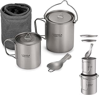 Lixada Titanium Camping Cookware with Folding Spork, 750ml Camping Titanium Pot & 450ml Coffee Mug with Foldable Handle & Lid, Portable Outdoor Camping Cookware Set for Backpacking Hiking Cooking