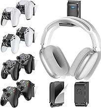 Gaming Accessories Controller & Headphone Stand, Wall Mount Holder for 8 Remotes & Foldable Headset Stand, Universal Wall-friendly Game Controller Holder Hanger Hook for Xbox, PS5/4, Nintendo, Black