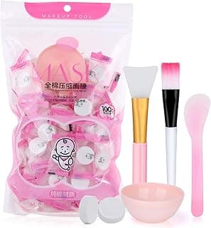 100Pcs DIY Compressed Cotton Face Mask Sheet Grain, Dry Mask Paper Face Cotton Mask Sheet with Free of Mask Bowl, Mask Stick, Silicone Brush, Soft Bristle Brush image